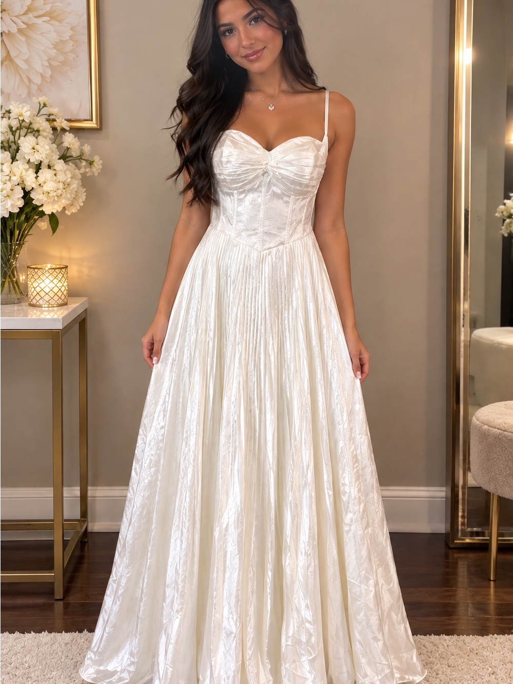 Elegant White Satin A-Line Spaghetti Strap Dress